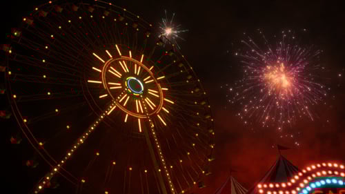 Festive Carnival Scene with Illuminated Ferris Wheel and Fireworks