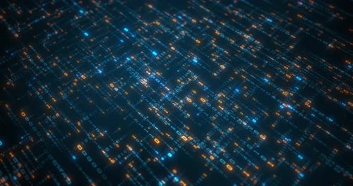 Dados binários se movendo em todas as direções, criando uma rede de informações