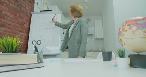 Woman Presents Educational Information on Whiteboard