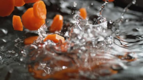 Geschnittene Karotte in kochendes Wasser werfen. Zeitlupe.