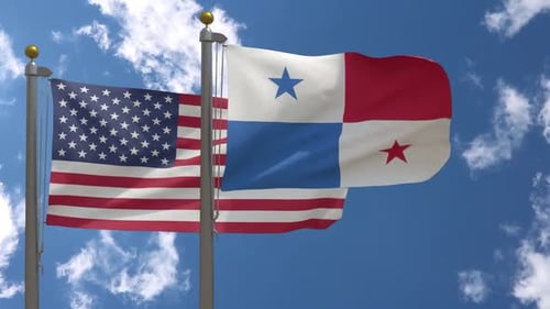 United States and Panama Flags Waving in Wind