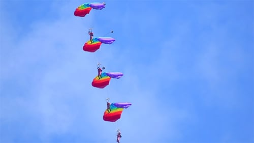 People Skydiving with Rainbow Parachutes in Blue Sky