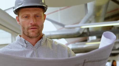Male architect looking at blueprint 4k