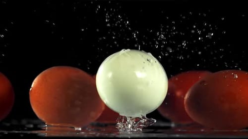Das Ei fällt mit Wasserspritzern auf den Tisch