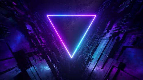 Tunnel de science-fiction avec triangles au néon. Un vol sans fin vers les étoiles et la Voie lactée. Moderne