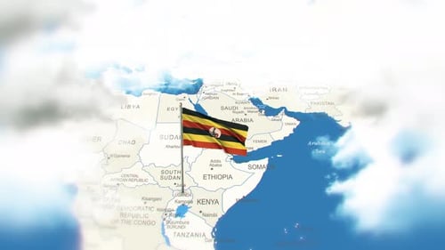 Animated Uganda Flag Waving Over World Map