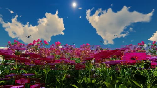 Lush Field of Pink Flowers with Butterflies under Blue Sky