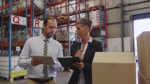 Warehouse managers working together in loading bay 4k