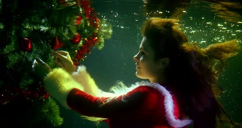 Festive Woman Decorates Underwater Christmas Tree