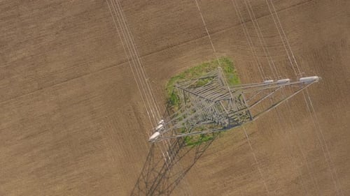 High Voltage Electrical Pylon Close Up Aerial View