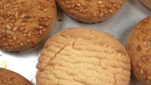Golden Brown Cookies with Sesame Seeds, Close Up