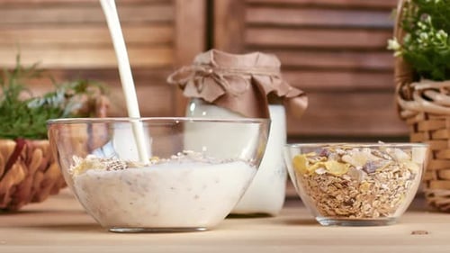 Verter leche natural fresca en un tazón de vidrio lleno de muesli de cereales con frutas secas Desayuno saludable