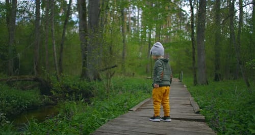 Um menino corre em um parque em um caminho de madeira em câmera lenta. Aventura de um menino na floresta. A 2-3 anos