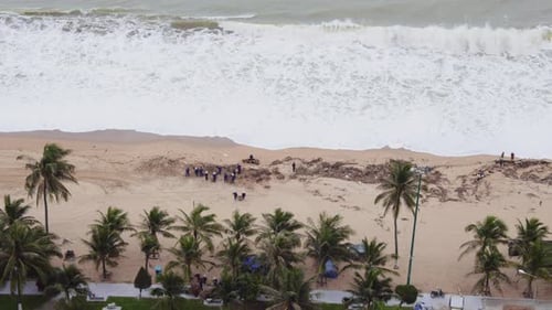 Freiwillige Frauen und Männer reinigen den Strand nach einer tropischen Depression