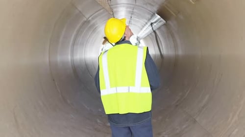 Männlicher Arbeiter untersucht einen Betontunnel