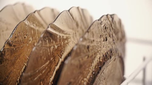 Close-Up of Glistening Glass Plates in Rack
