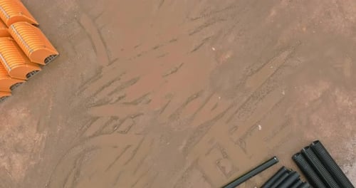 Aerial Panoramic View at Earthworks Construction Site for Sewerge Construction Trench for Laying