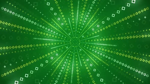 Abstract green background of flying luminous squares in a spin around