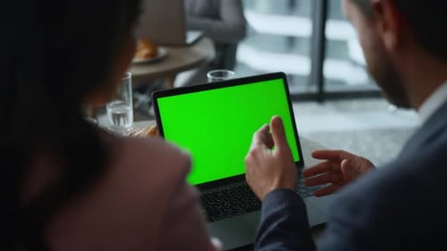 Freelance Team Make Green Screen Laptop Video Call in Cafe Remote Workplace