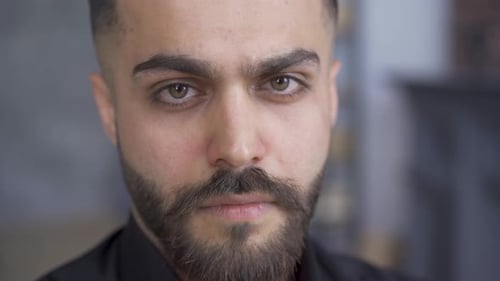 Serious Brunette Man with Beard and Mustaches Looking at the Camera. Portrait of Attractive