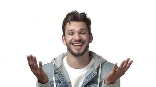 Happy Man Laughing with Palms Up