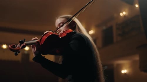 Pretty Young Female Fiddler is Playing Classic Music Concert in Philharmonic Hall