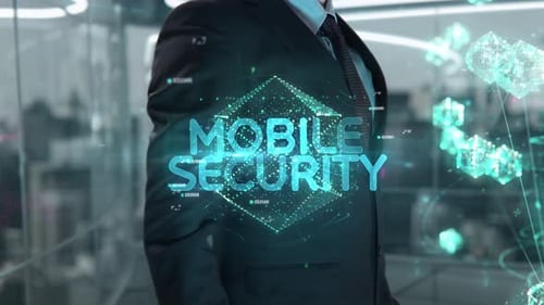 Homme d'affaires avec concept d'hologramme de sécurité mobile