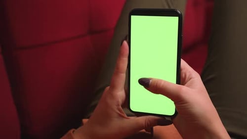 Close Up Woman Hands Holding Chromakey Green Screen Smartphone Watching Content Swiping Scrolling