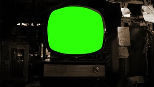 Vintage Round TV Turning On Green Chroma Key Screen. Sepia Tone.