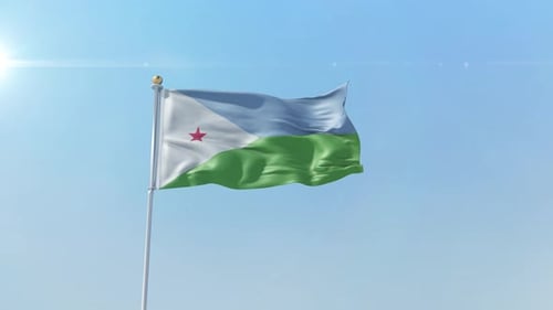 Realistic Djibouti Flag Waving in Bright Blue Sky