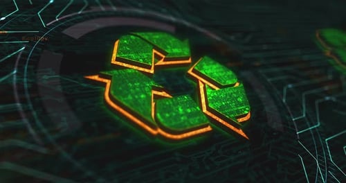 Digital Recycling Symbol on Circuit Board with Binary Code Animation
