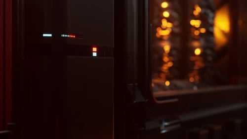 Futuristic Dark Data Center with Metal and Lights