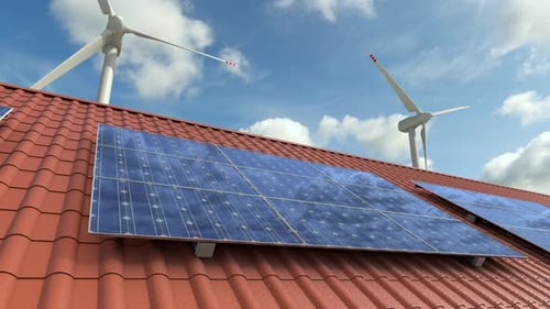Ökologie Clean Intelligence Home mit Sonnenkollektoren und Windturbinen