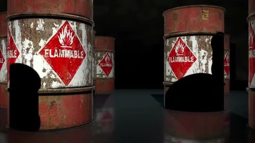 Passage Through Rusted Flammable Industrial Barrels Animation