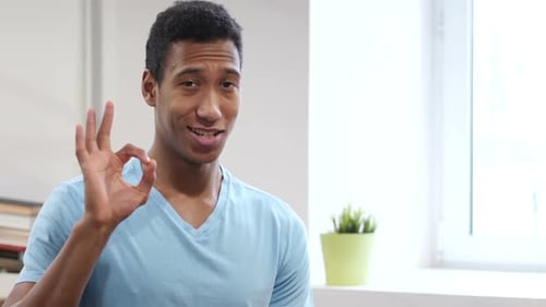 Young Adult Gives OK Hand Gesture Near Window