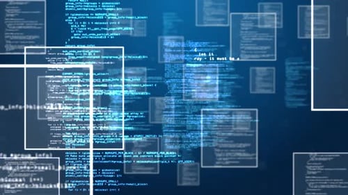 Animation of digital information and white square on blue background