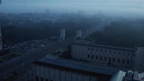 Misty Cityscape Aerial at Sunrise