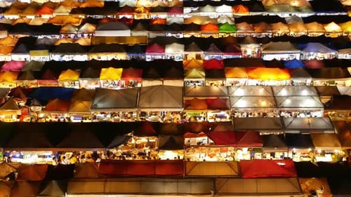 Illuminated Tents of Market at Night. Top View of Colorfull Brightly Illuminated Tents of Ratchada