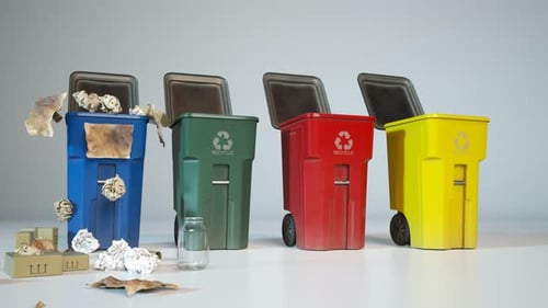 Animated Waste Sorting Concept with Colorful Recycling Bins