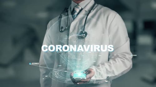 Doctor Interacting with Holographic Coronavirus Data Display