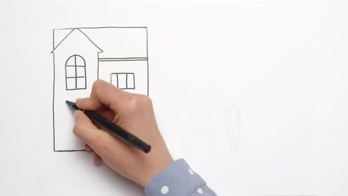 Pen Drawing of House, Family, Trees, and Sun