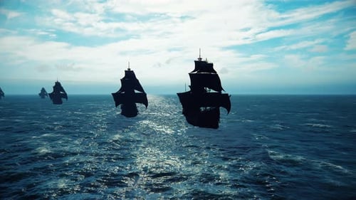 Dramatic Fleet of Silhouette Ships Sailing on Ocean