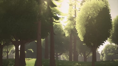 Cartoon Green Forest Landscape with Trees and Flowers