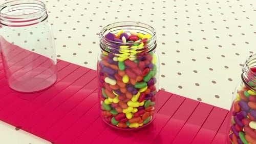 Colorful Candies Filling Jars on Pink Conveyor Belt