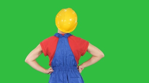 Construction Worker with Hands on Hips Green Screen