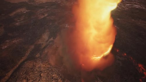 Fiery Volcanic Eruption Pillar with Flowing Lava