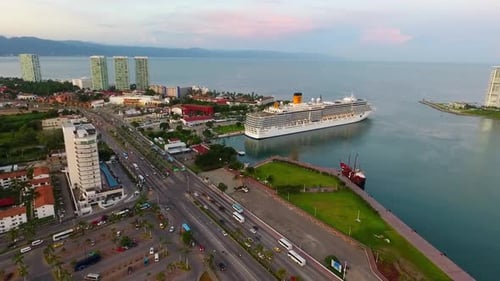 Cityscape View of Cruise Ship at Ocean Port