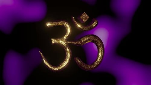 Glowing Golden Om Symbol on Abstract Purple Background