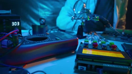Person Soldering Circuit Board Under Magnifying Glass
