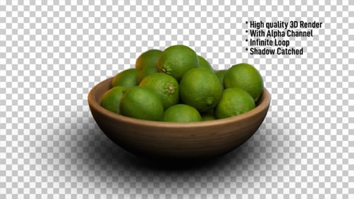 Realistic Animated Limes in Wooden Bowl with Alpha Channel Loop